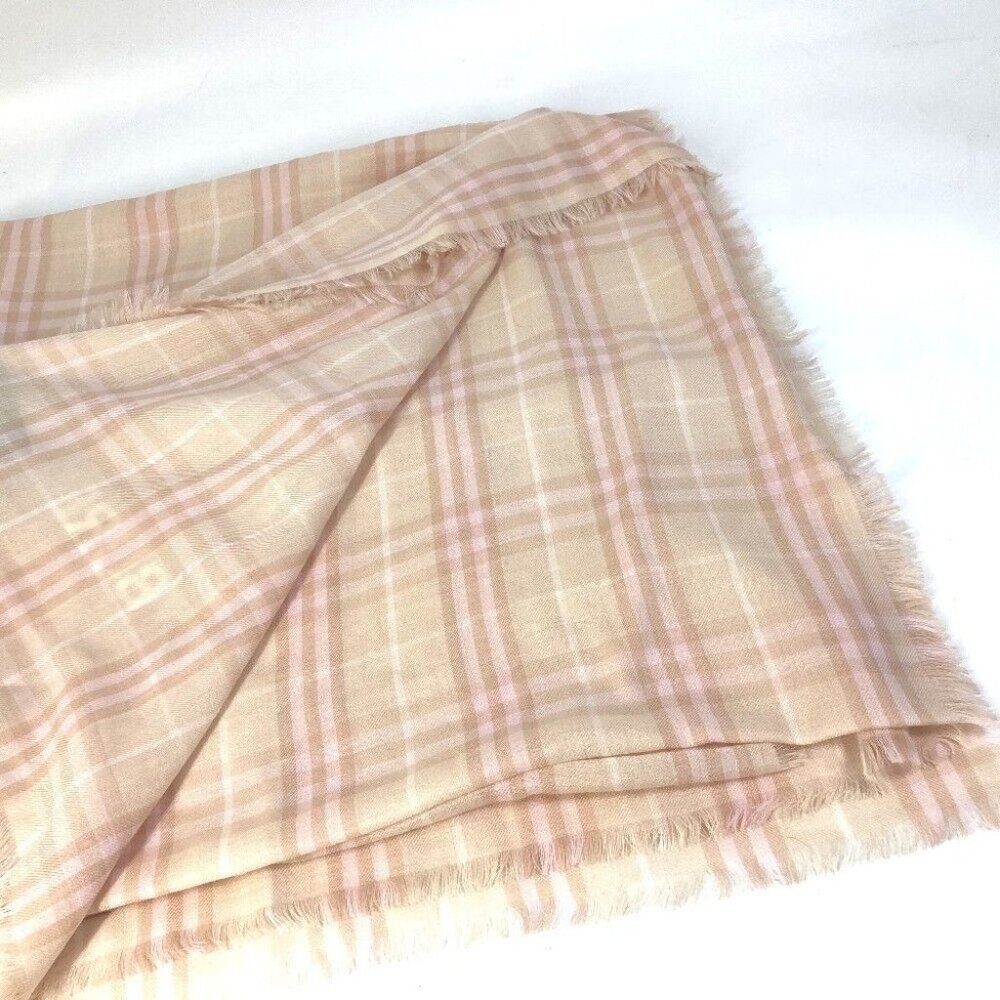 BURBERRY check logo Stole/Shawl fringe Scarf Cashmere Pink/Beige - Picture 6 of 7